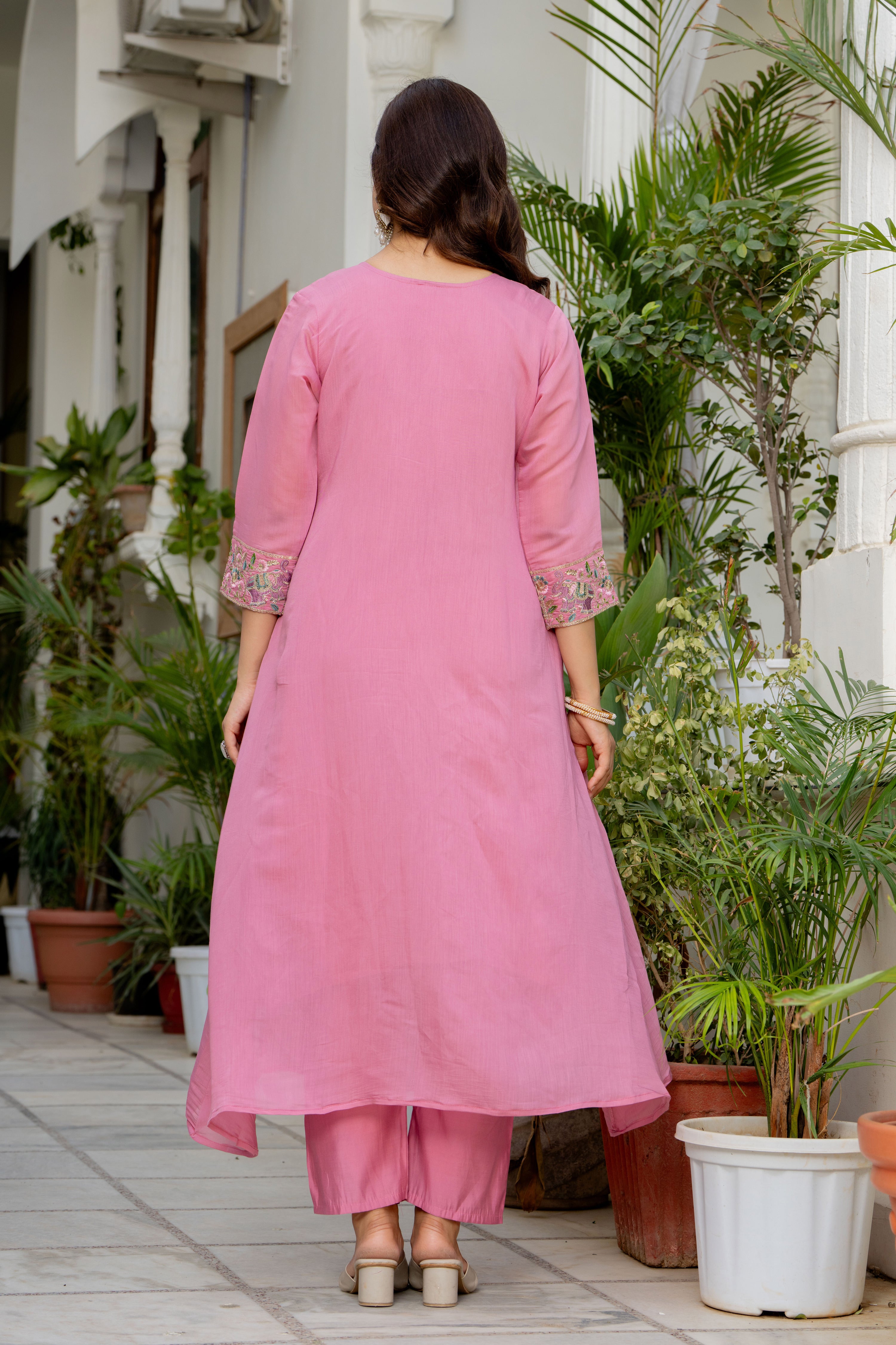Dusky Rose Embroidered Mal Chanderi Suit Set