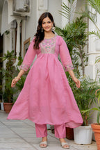 Dusky Rose Embroidered Mal Chanderi Suit Set with Dupatta