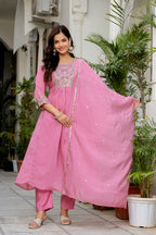 Dusky Rose Embroidered Mal Chanderi Suit Set with Dupatta