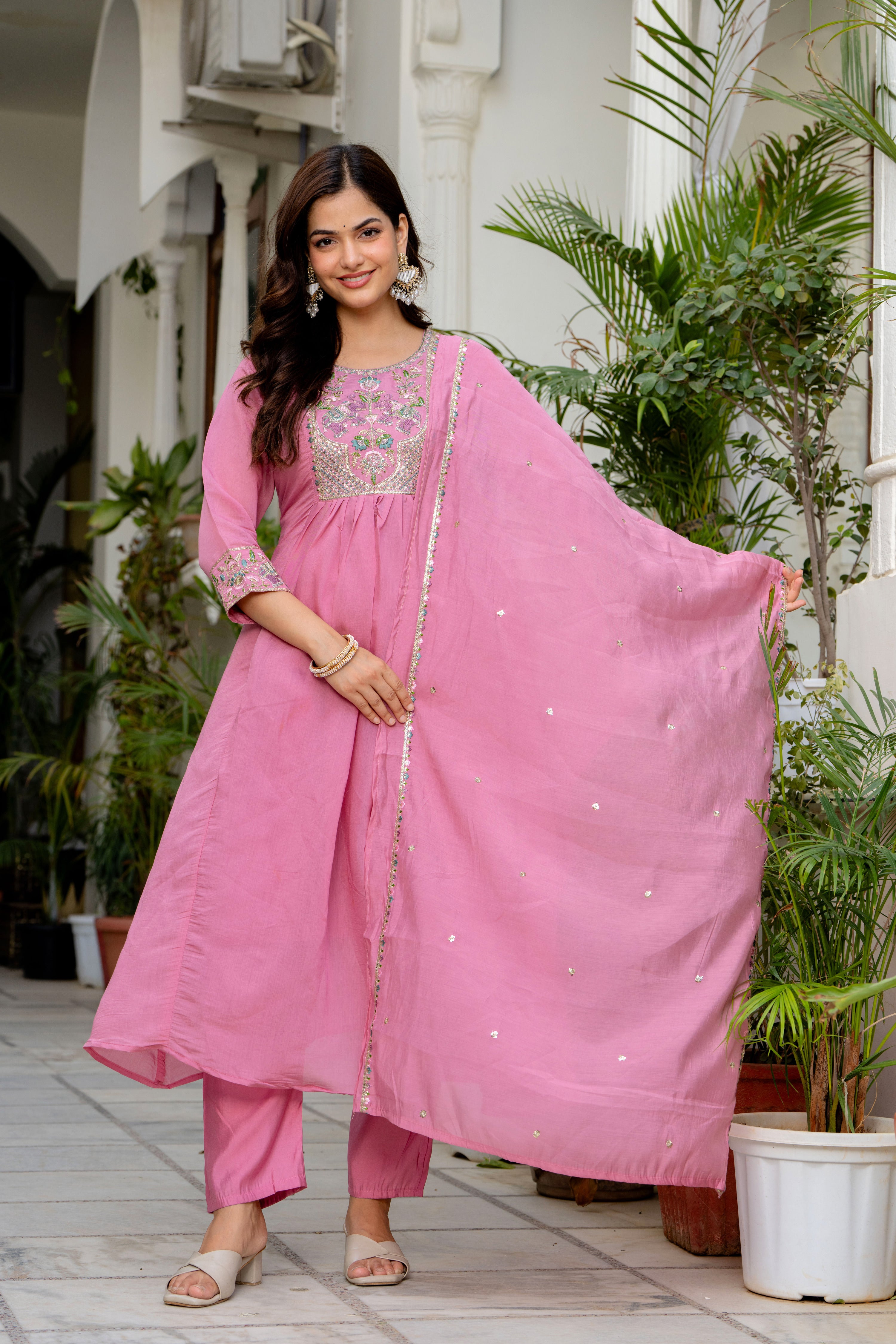 Dusky Rose Embroidered Mal Chanderi Suit Set