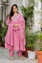 Dusky Rose Embroidered Mal Chanderi Suit Set with Dupatta