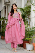 Dusky Rose Embroidered Mal Chanderi Suit Set with Dupatta