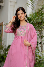 Dusky Rose Embroidered Mal Chanderi Suit Set with Dupatta