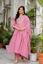 Dusky Rose Embroidered Mal Chanderi Suit Set with Dupatta