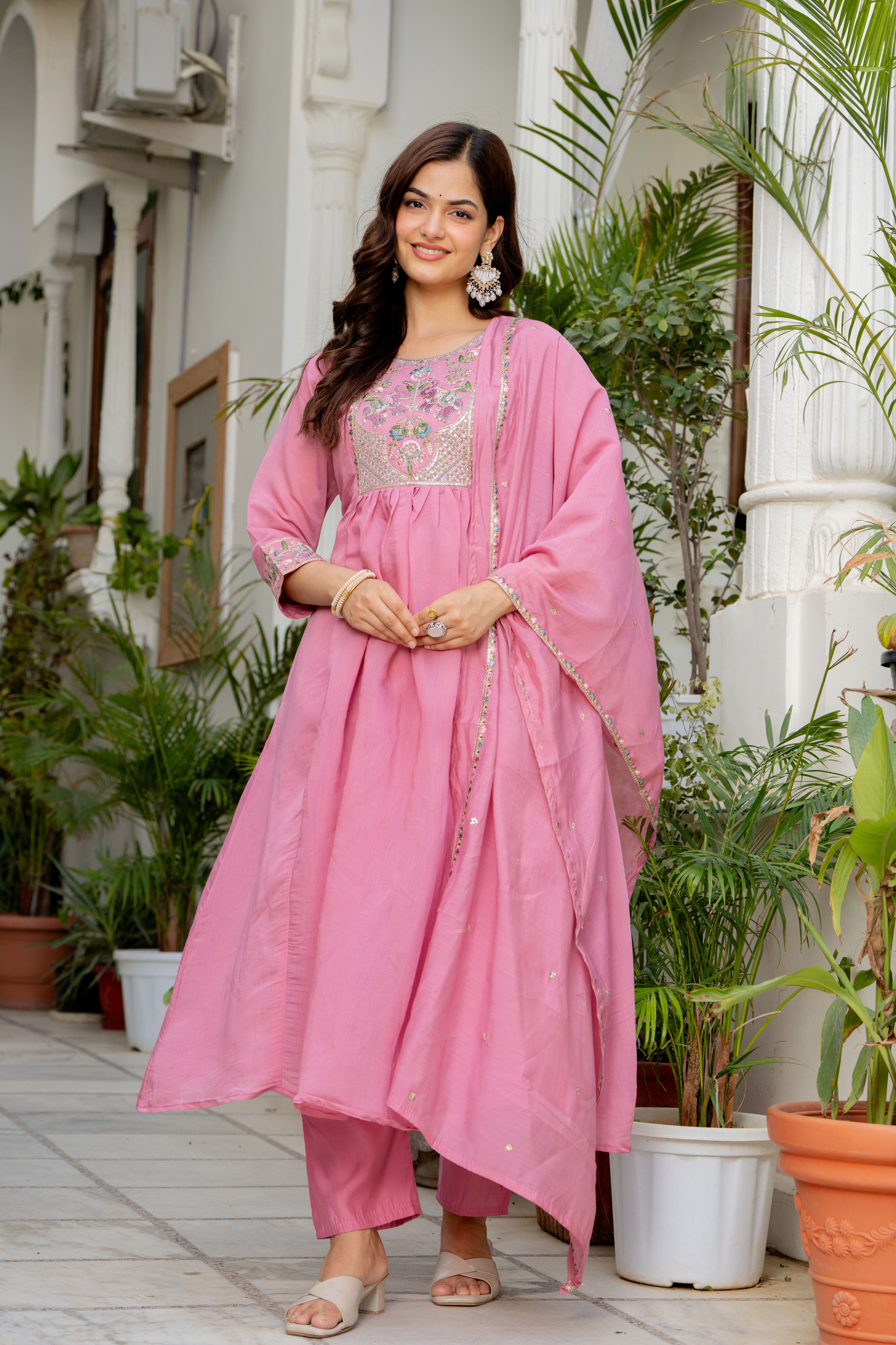 Dusky Rose Embroidered Mal Chanderi Suit Set