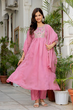 Dusky Rose Embroidered Mal Chanderi Suit Set with Dupatta
