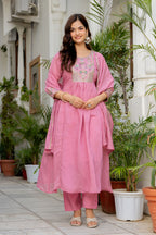 Dusky Rose Embroidered Mal Chanderi Suit Set with Dupatta