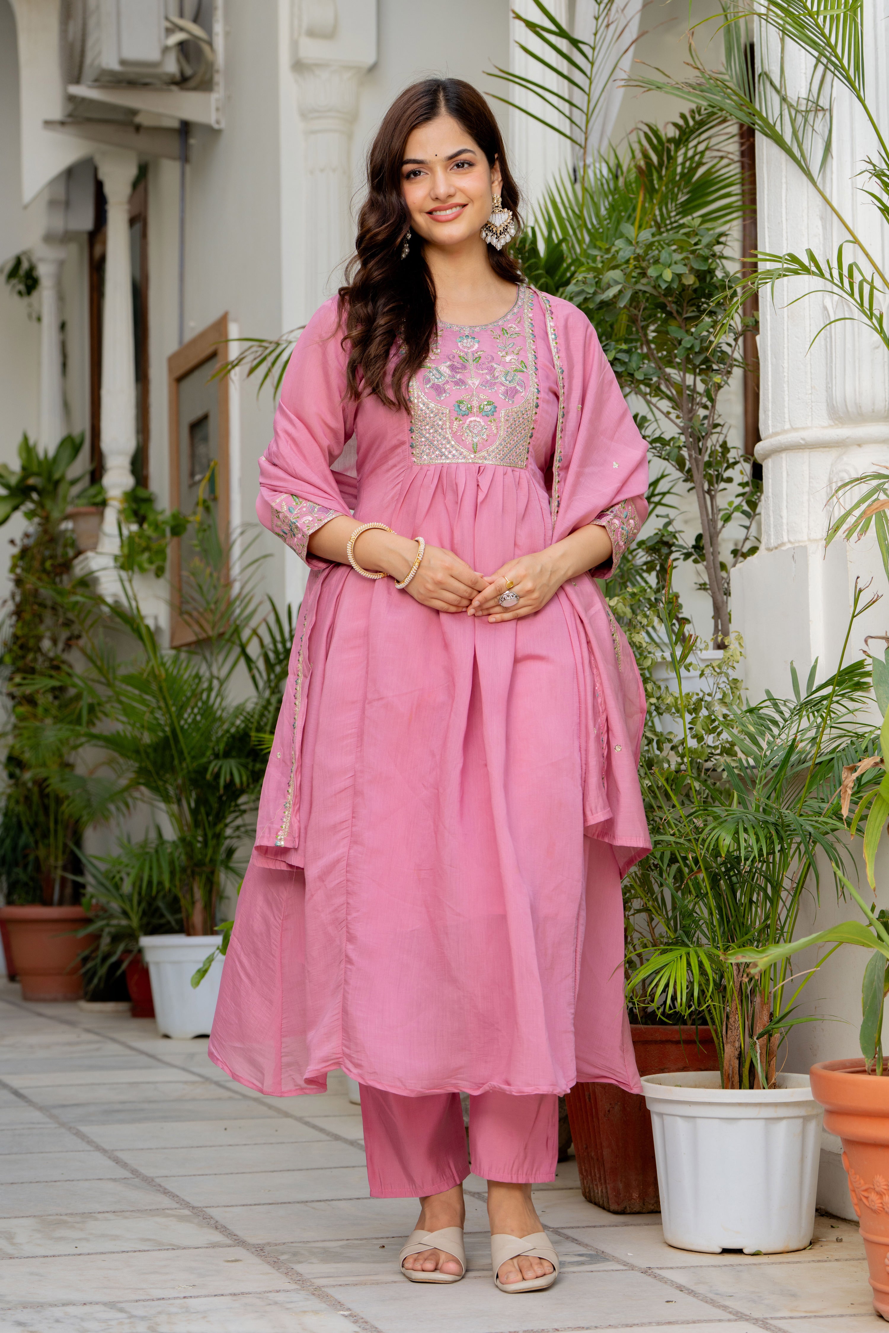 Dusky Rose Embroidered Mal Chanderi Suit Set