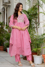 Dusky Rose Embroidered Mal Chanderi Suit Set with Dupatta