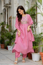 Dusky Rose Embroidered Mal Chanderi Suit Set with Dupatta