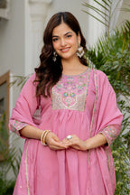 Dusky Rose Embroidered Mal Chanderi Suit Set with Dupatta