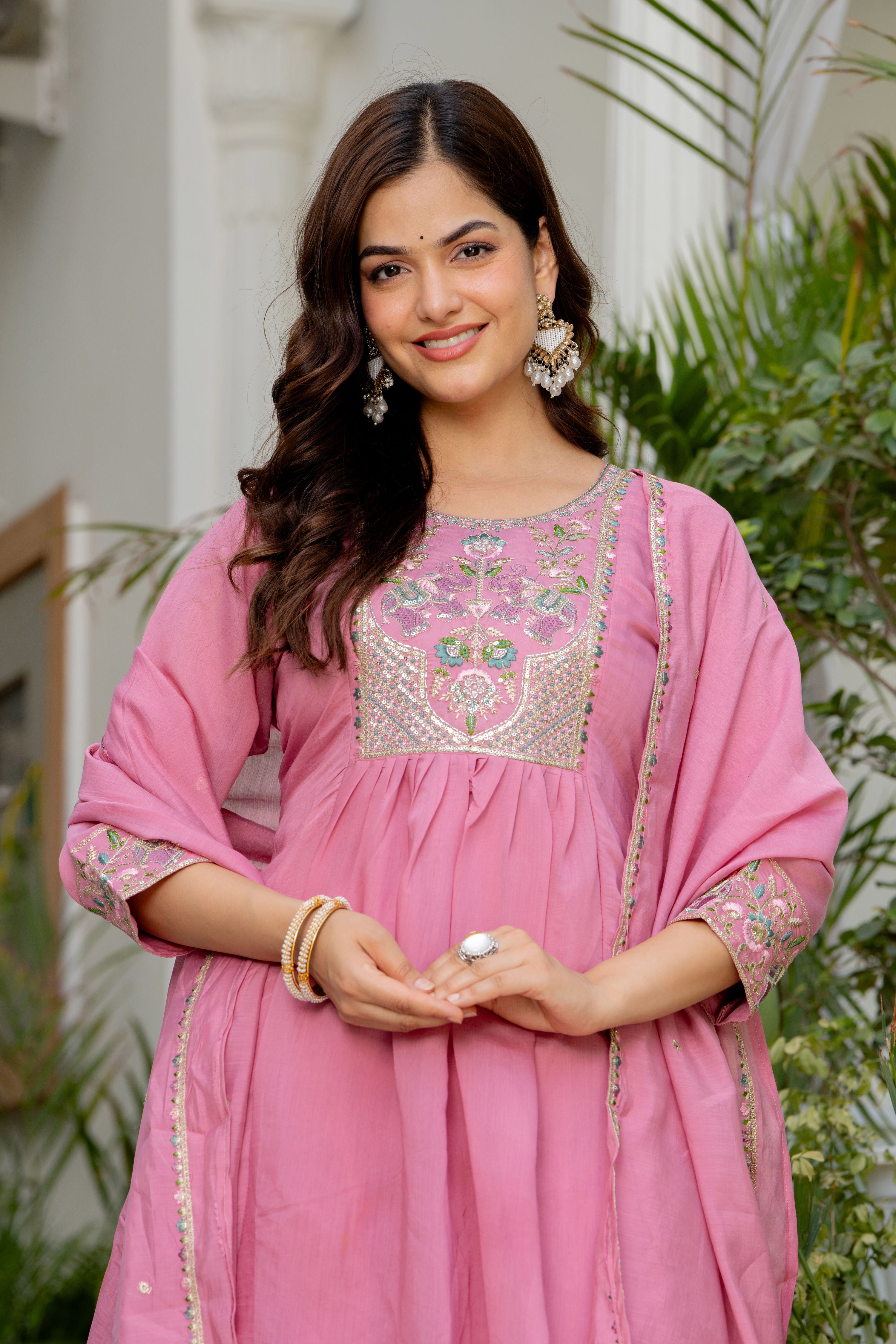 Dusky Rose Embroidered Mal Chanderi Suit Set