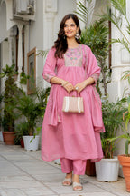 Dusky Rose Embroidered Mal Chanderi Suit Set with Dupatta