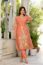 Dark Peach Embroidered Mal Chanderi Suit Set with Dupatta