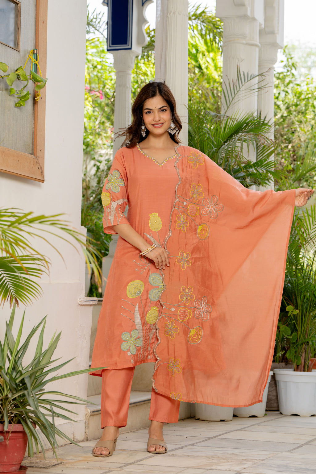 Dark Peach Embroidered Mal Chanderi Suit Set