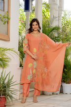 Dark Peach Embroidered Mal Chanderi Suit Set with Dupatta