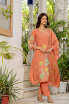 Dark Peach Embroidered Mal Chanderi Suit Set with Dupatta