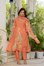 Dark Peach Embroidered Mal Chanderi Suit Set with Dupatta