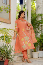 Dark Peach Embroidered Mal Chanderi Suit Set with Dupatta