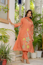 Dark Peach Embroidered Mal Chanderi Suit Set with Dupatta