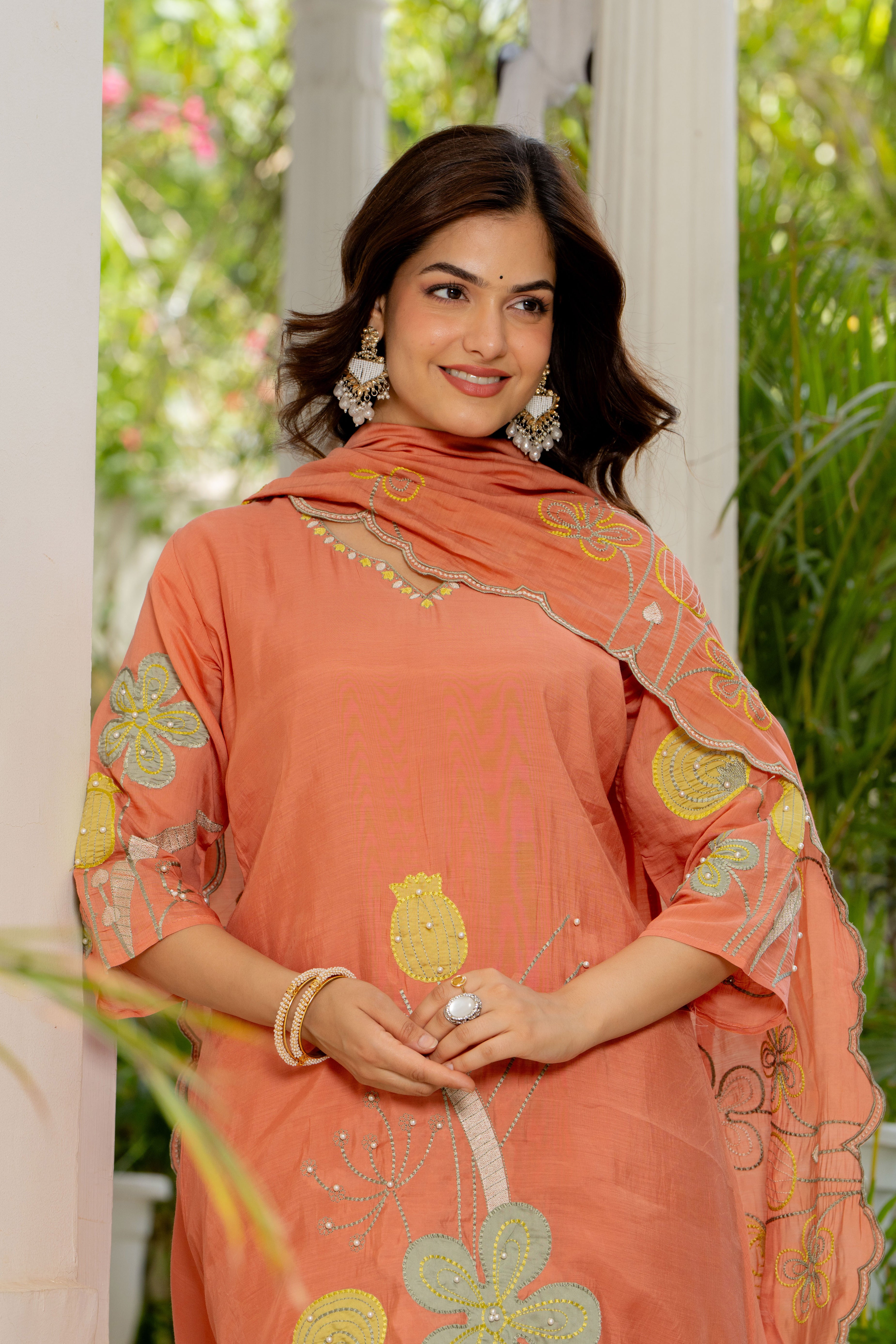Dark Peach Embroidered Mal Chanderi Suit Set
