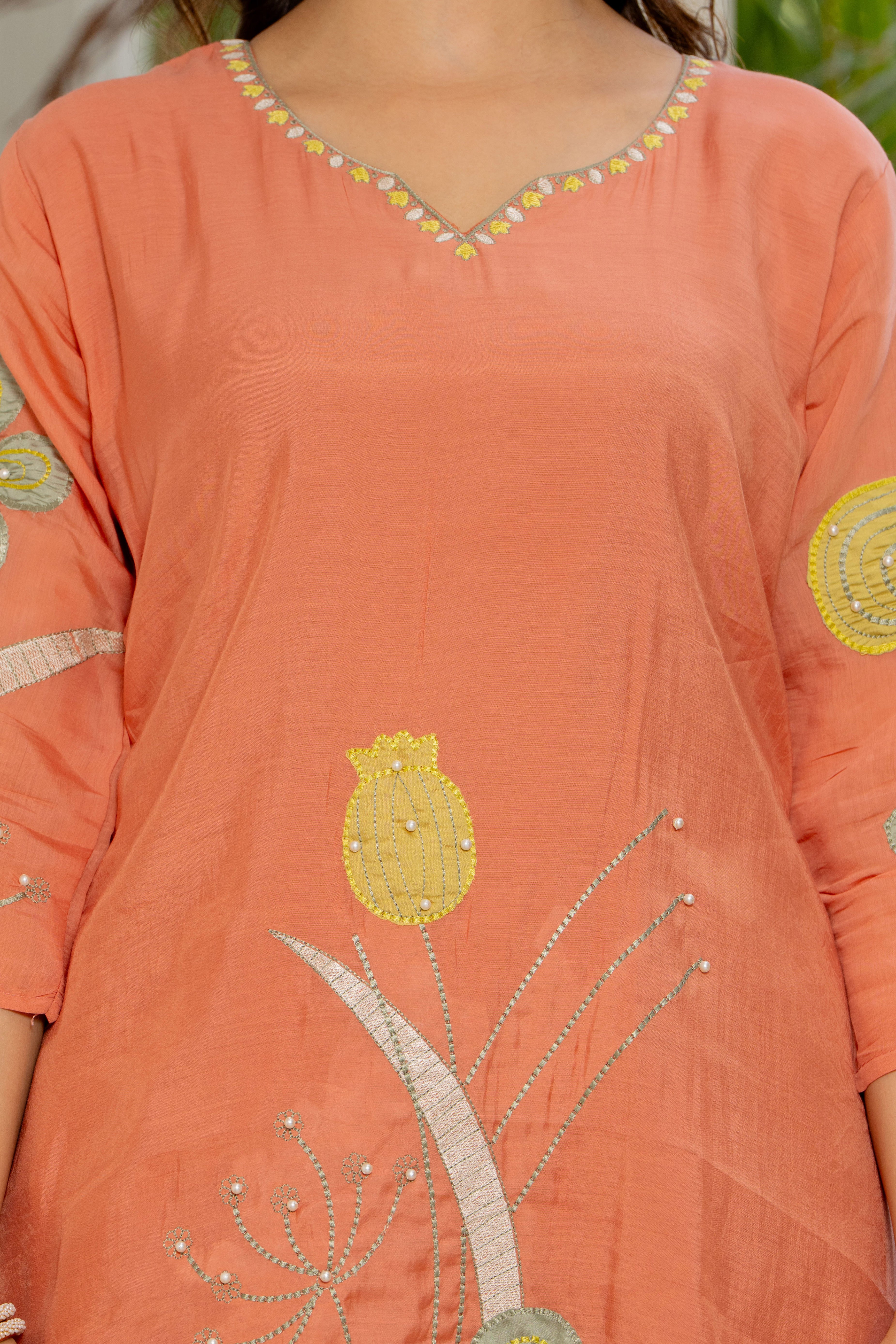 Dark Peach Embroidered Mal Chanderi Suit Set