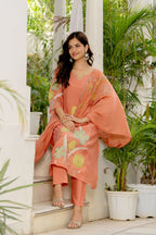 Dark Peach Embroidered Mal Chanderi Suit Set with Dupatta