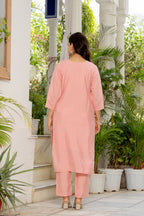 Sea Pink Embroidered Roman Silk Suit Set with Dupatta
