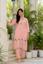 Sea Pink Embroidered Roman Silk Suit Set with Dupatta