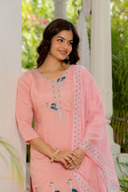 Sea Pink Embroidered Roman Silk Suit Set with Dupatta