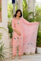 Sea Pink Embroidered Roman Silk Suit Set with Dupatta