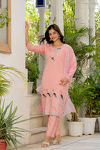 Sea Pink Embroidered Roman Silk Suit Set with Dupatta
