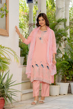 Sea Pink Embroidered Roman Silk Suit Set with Dupatta
