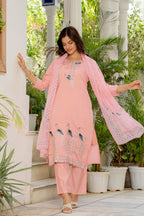Sea Pink Embroidered Roman Silk Suit Set with Dupatta