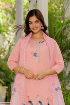 Sea Pink Embroidered Roman Silk Suit Set with Dupatta