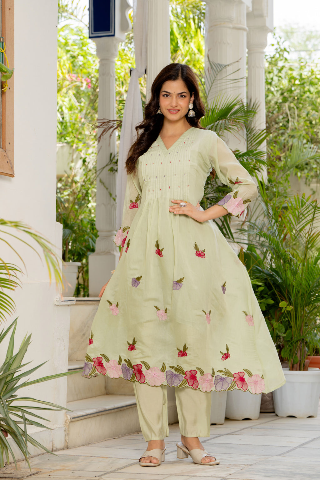 Thistle Green Embroidered Mal Chanderi Suit Set