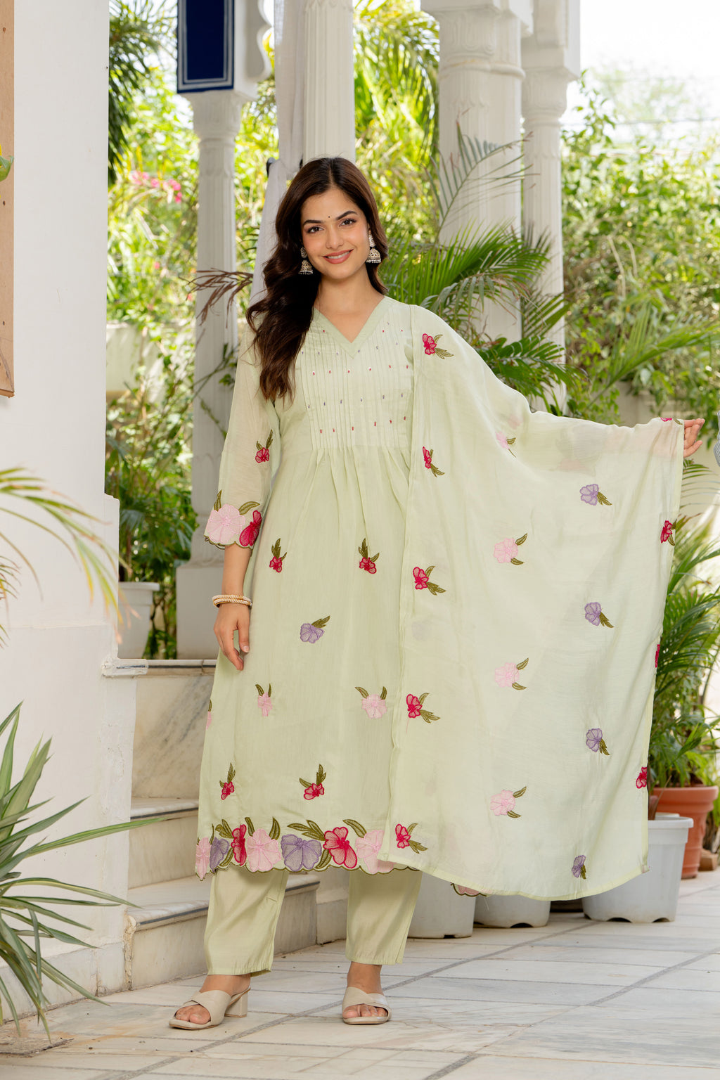 Thistle Green Embroidered Mal Chanderi Suit Set