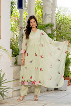 Thistle Green Embroidered Mal Chanderi Suit Set with Dupatta
