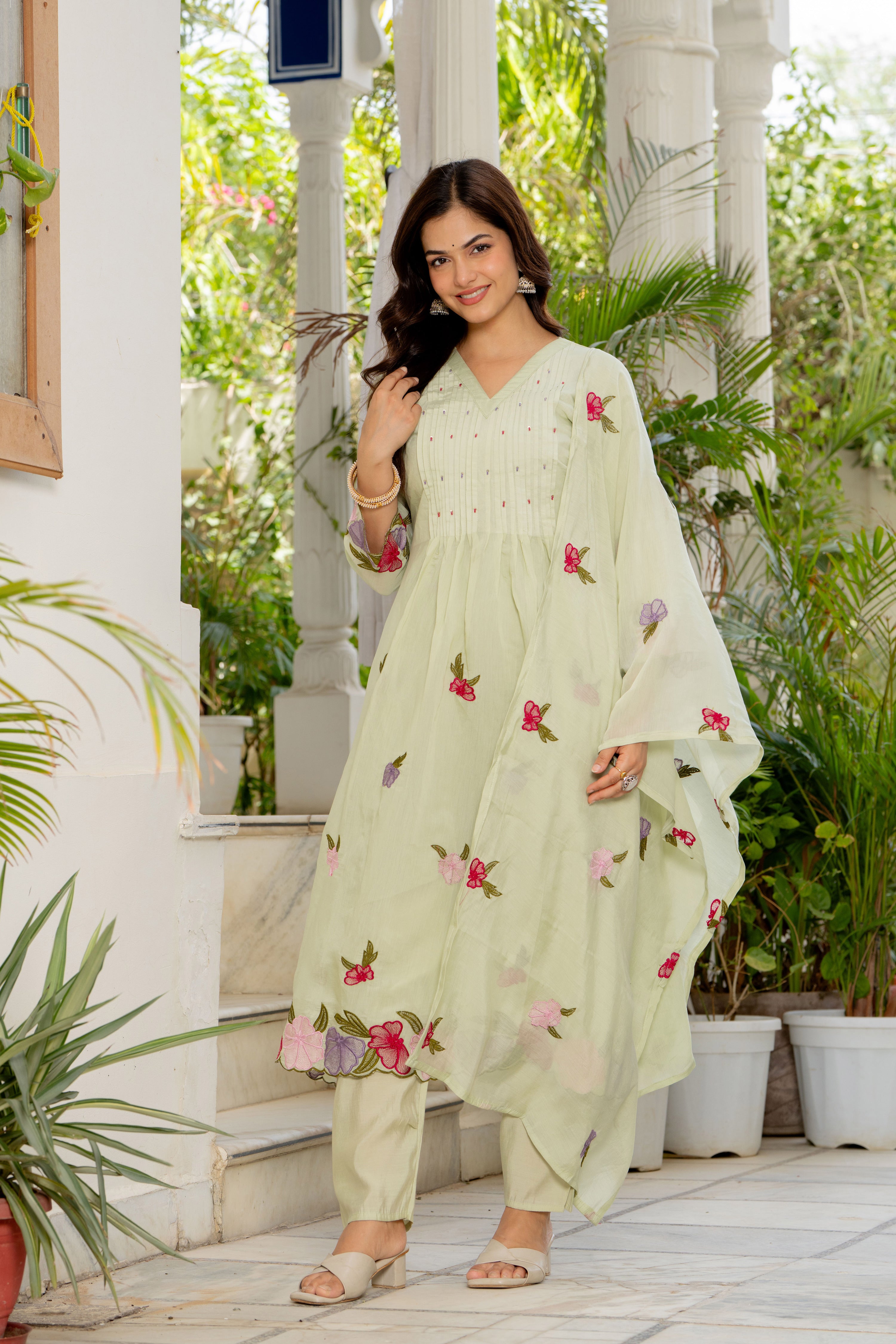 Thistle Green Embroidered Mal Chanderi Suit Set