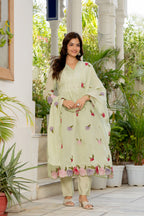 Thistle Green Embroidered Mal Chanderi Suit Set with Dupatta