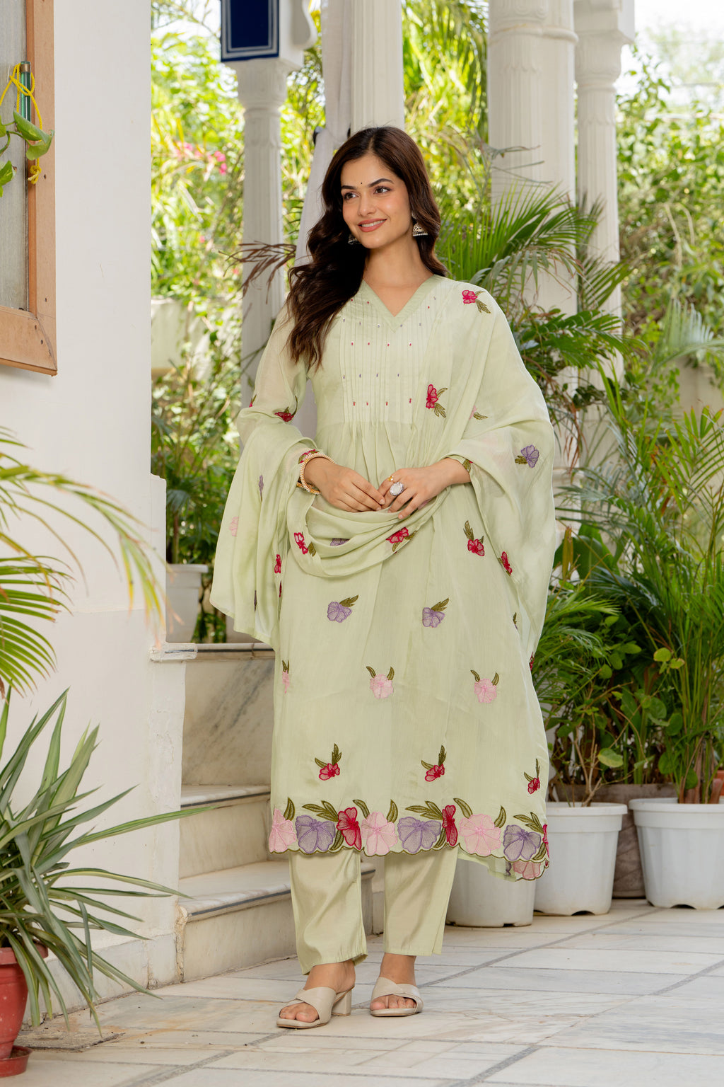 Thistle Green Embroidered Mal Chanderi Suit Set