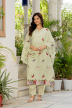 Thistle Green Embroidered Mal Chanderi Suit Set with Dupatta