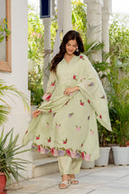Thistle Green Embroidered Mal Chanderi Suit Set with Dupatta