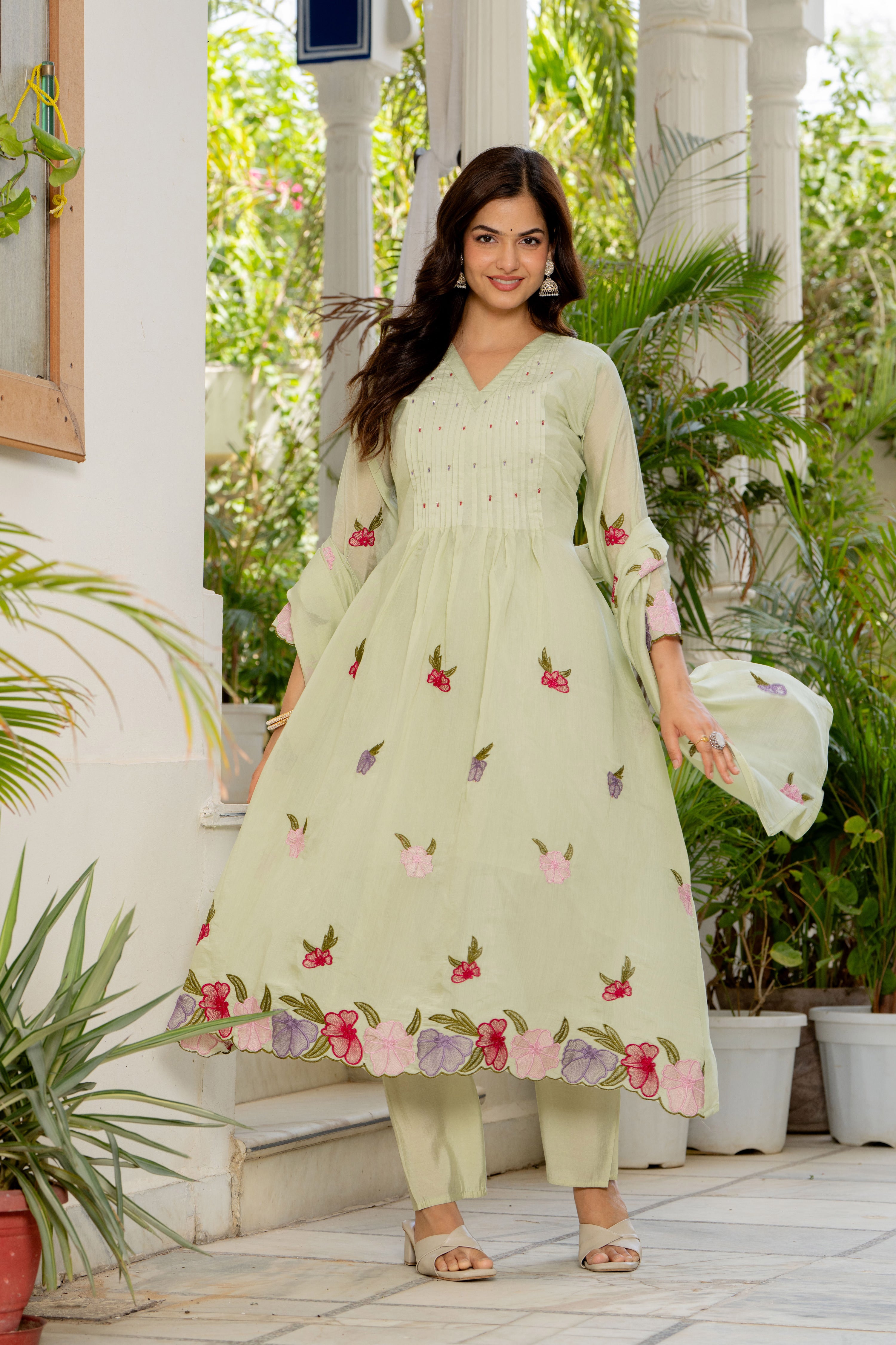Thistle Green Embroidered Mal Chanderi Suit Set