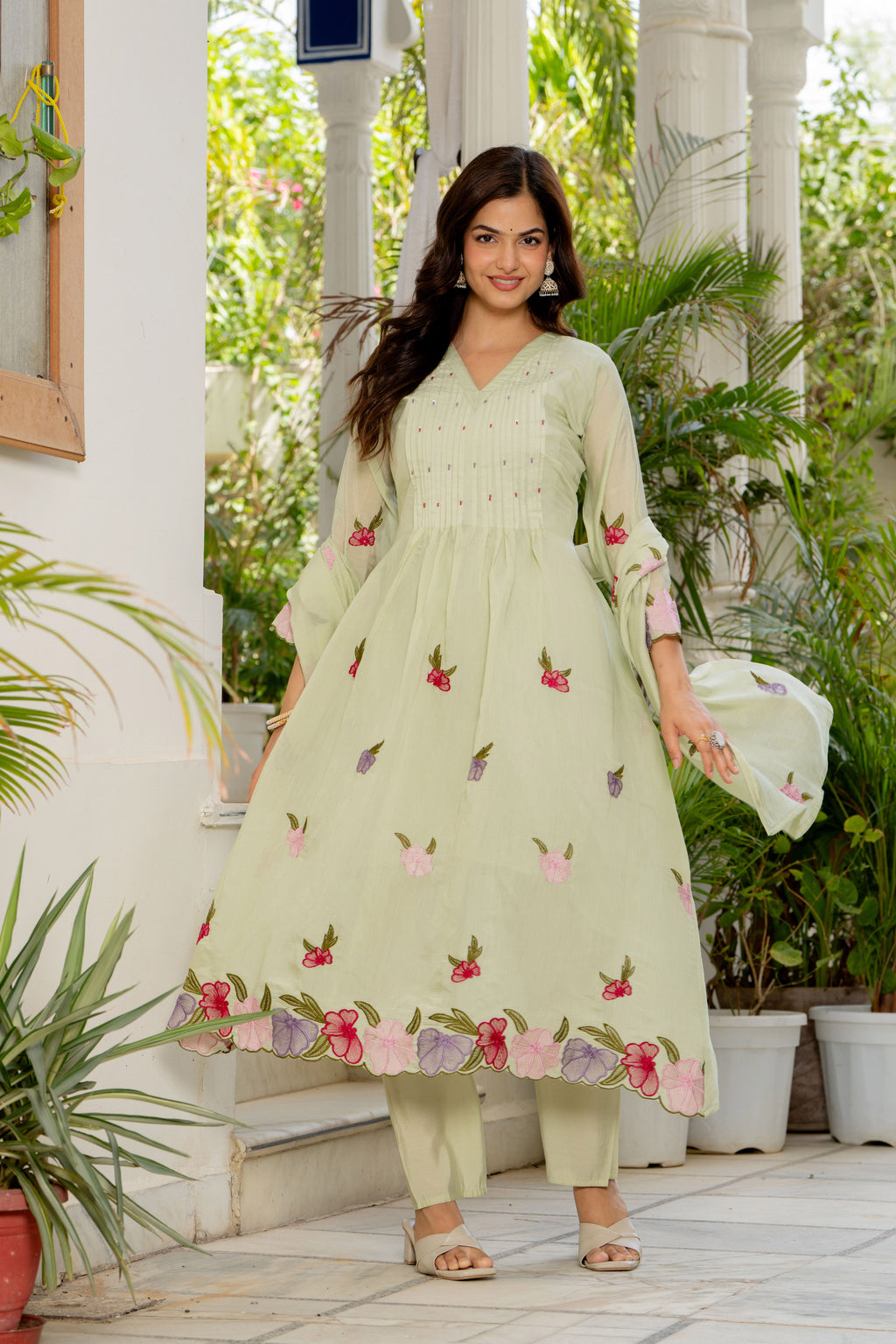 Thistle Green Embroidered Mal Chanderi Suit Set