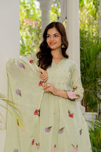 Thistle Green Embroidered Mal Chanderi Suit Set with Dupatta
