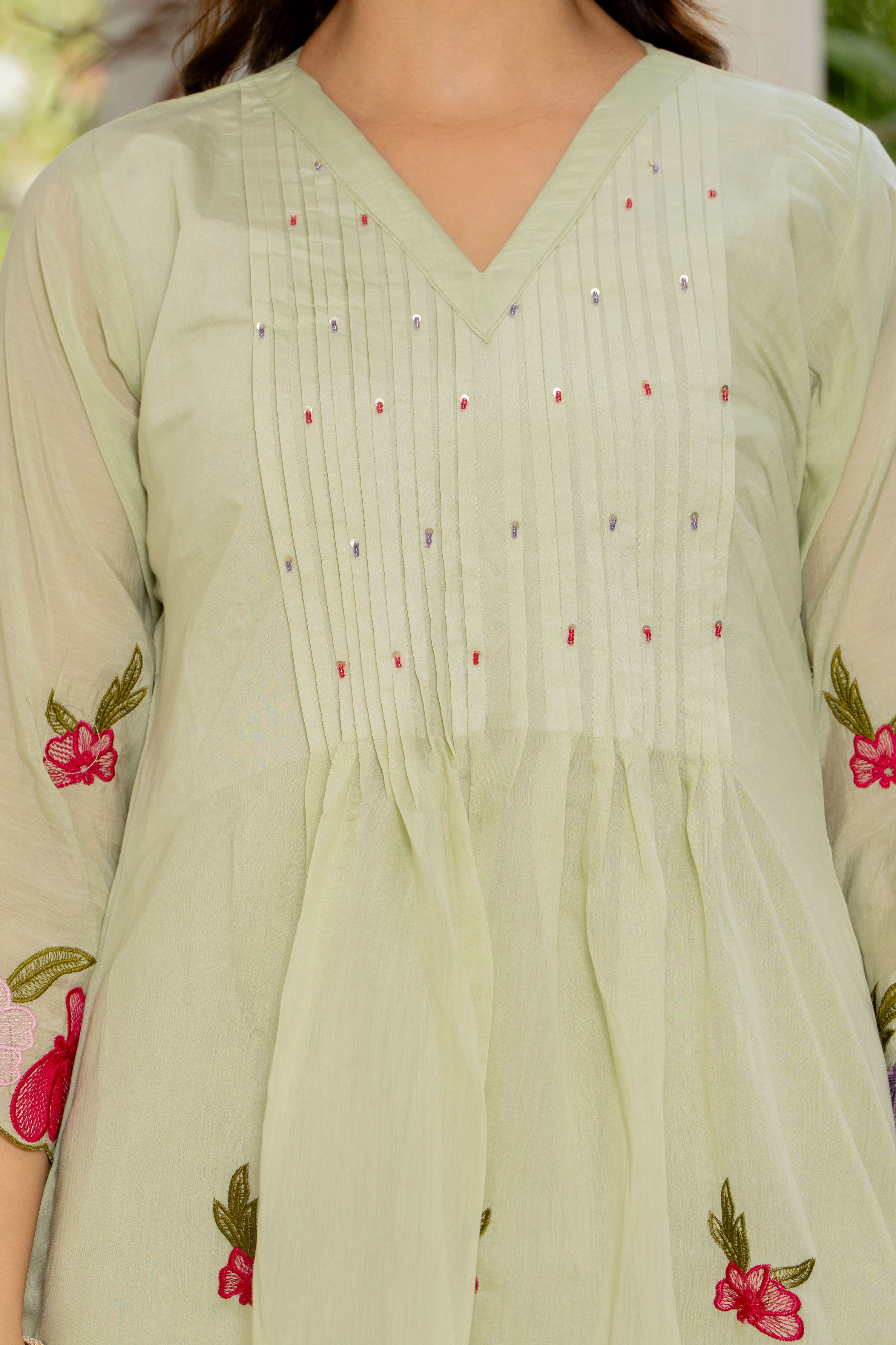 Thistle Green Embroidered Mal Chanderi Suit Set