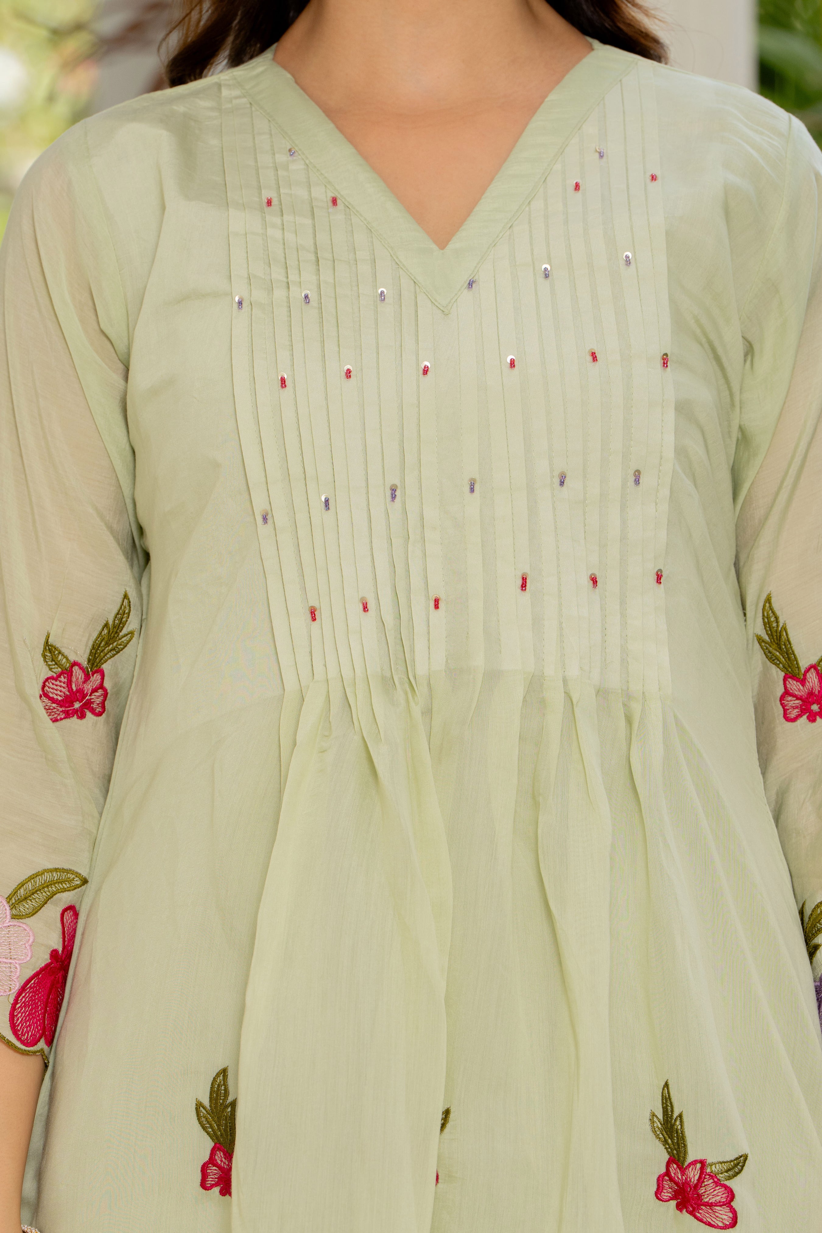 Thistle Green Embroidered Mal Chanderi Suit Set