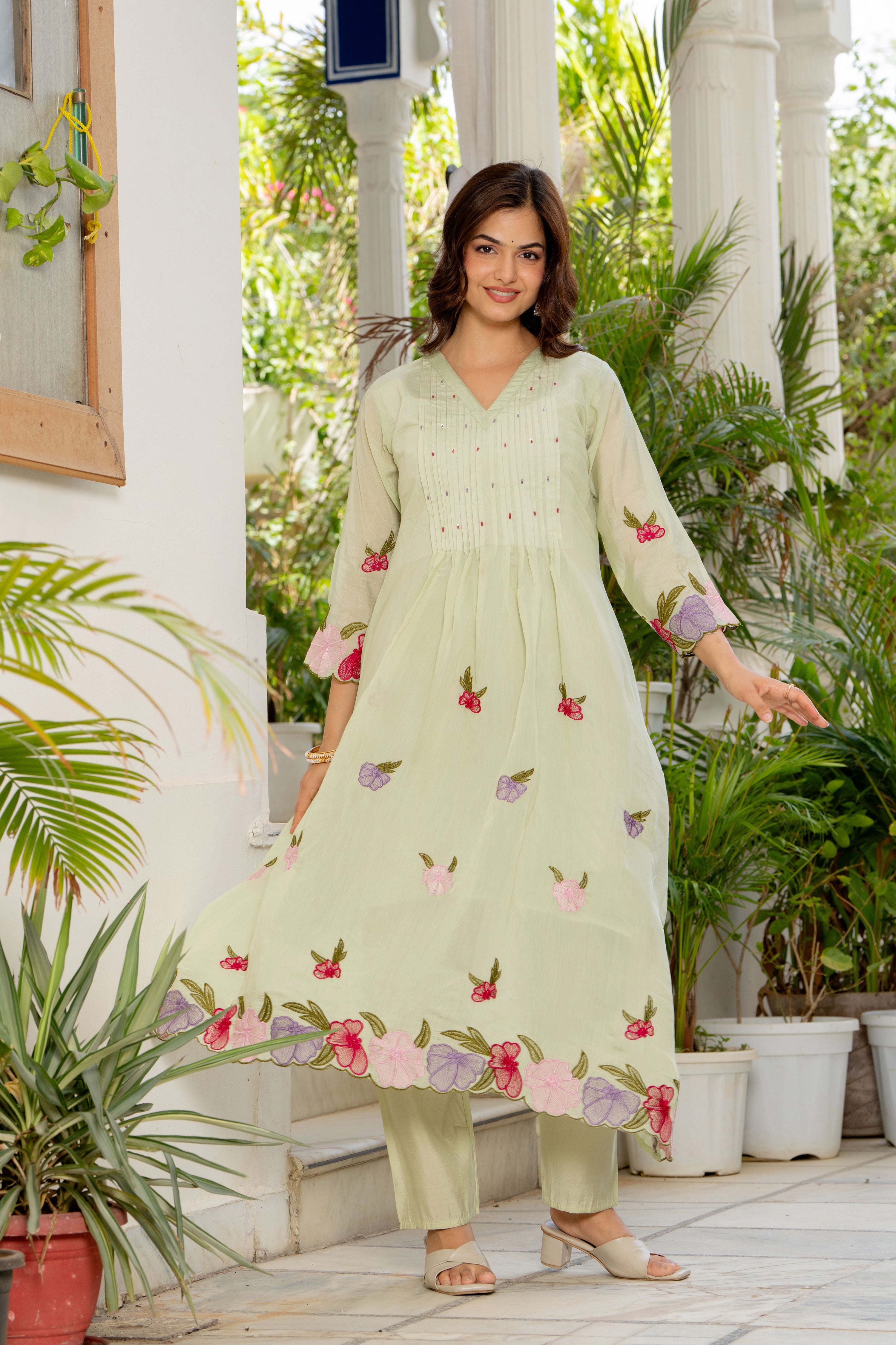 Thistle Green Embroidered Mal Chanderi Suit Set
