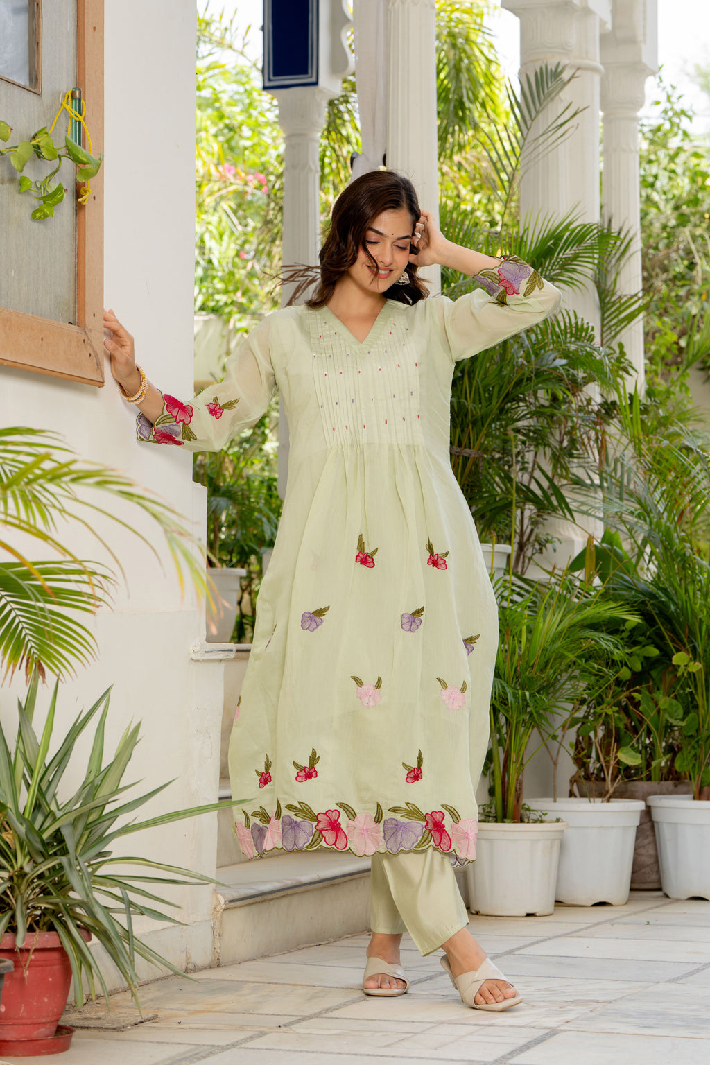 Thistle Green Embroidered Mal Chanderi Suit Set